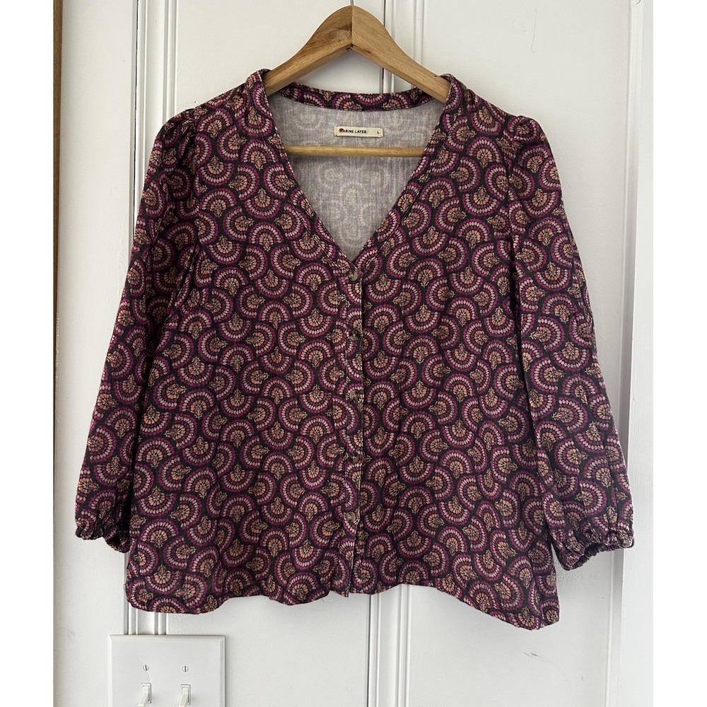 Marine Layer Cotton Button Front Blouse Large Boho Artisan Print